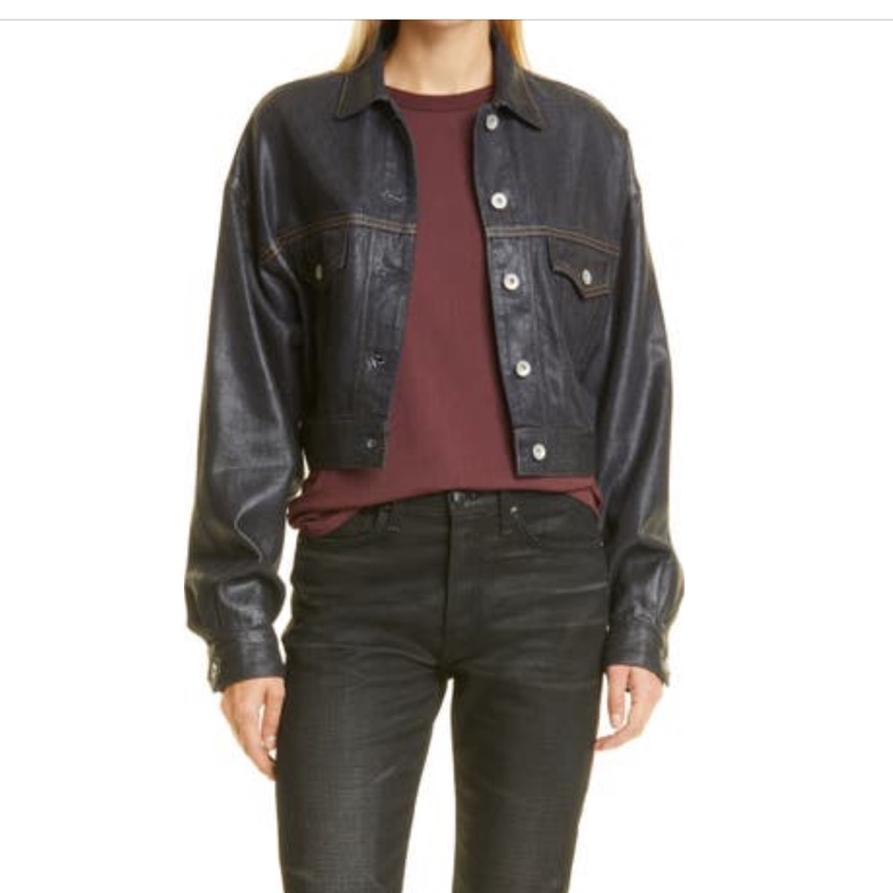 Rag and Bone clear coated denim trucker jacket button cuff spread collar